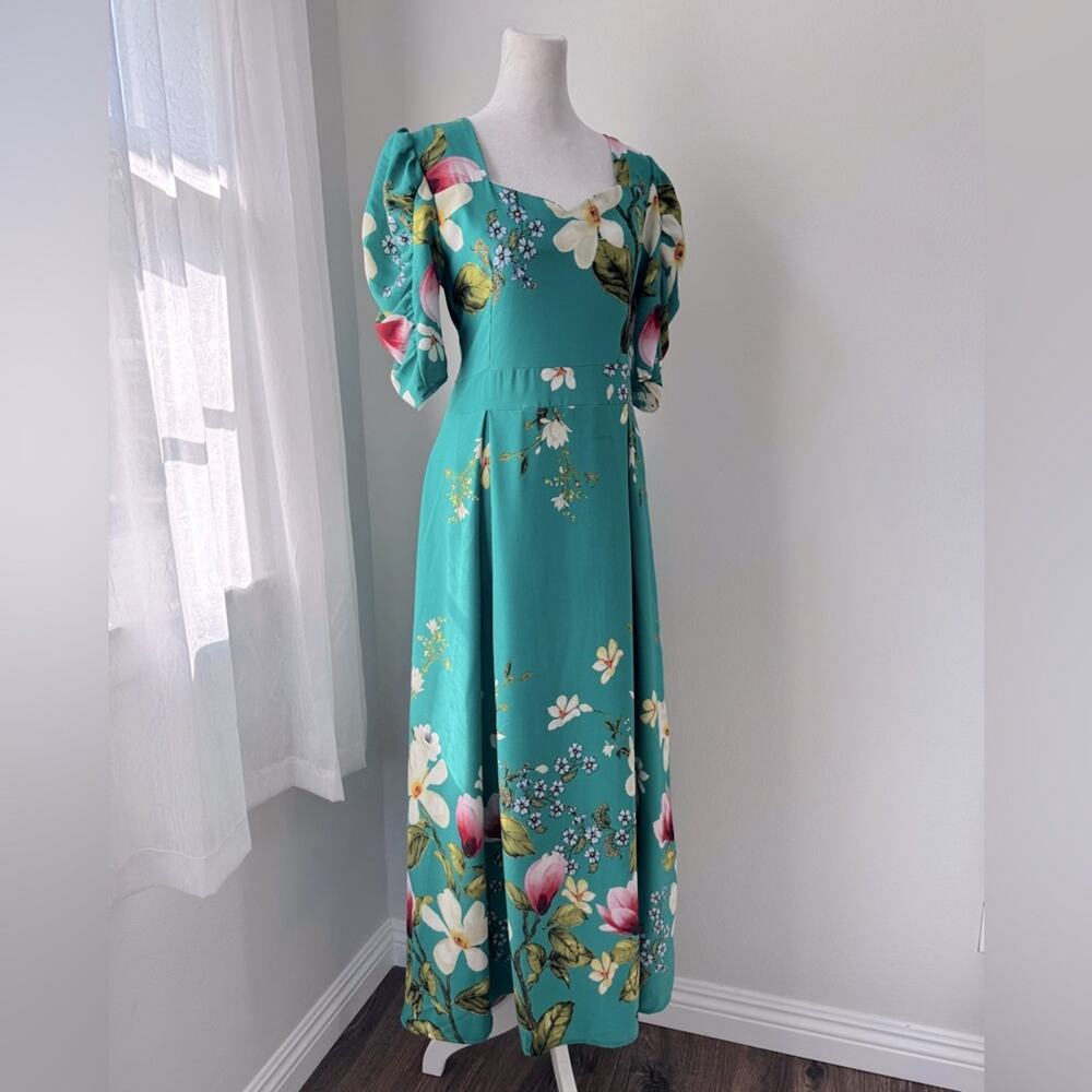 Minh Phuong Teal Floral Print Sweetheart Neckline Half Sleeve Maxi Dress - Picture 5 of 7